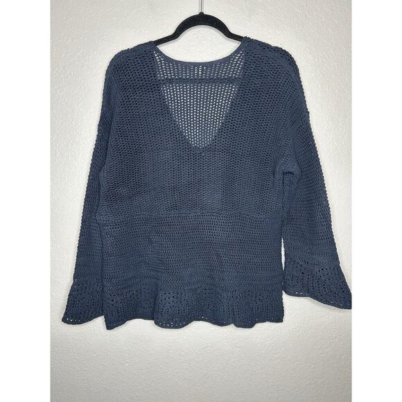 J Jill Open Knit Navy Sweater Tassel Tie Crochet Beachy Coastal Cottage Medium - Picture 2 of 10